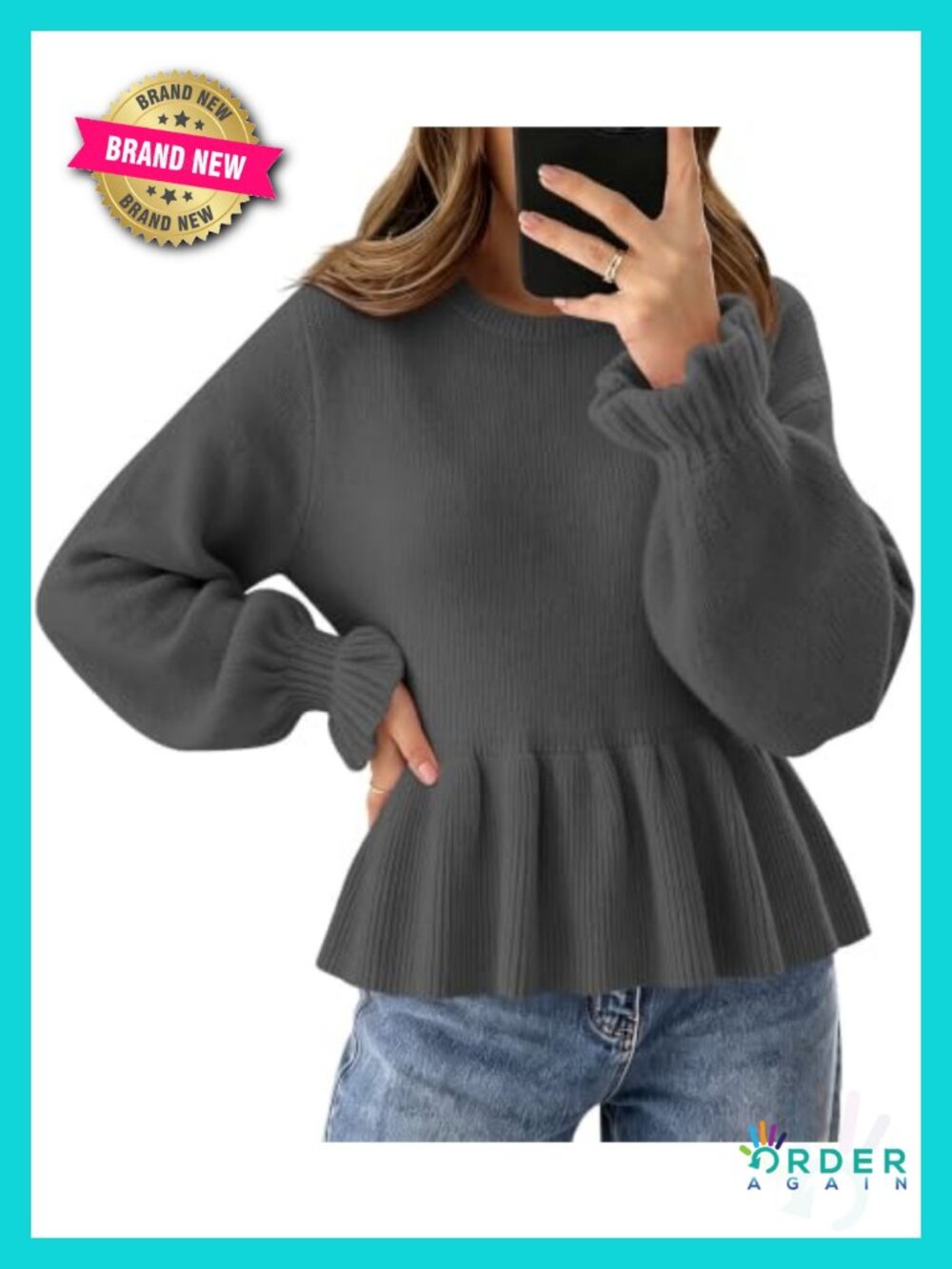 Ribbed Knit Peplum Sweater Top Long Sleeve Crewneck Cropped